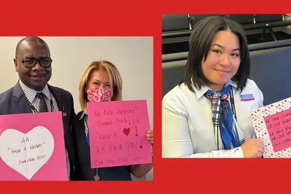American Airlines Agents in Philadelphia holding Valentines moblization cards