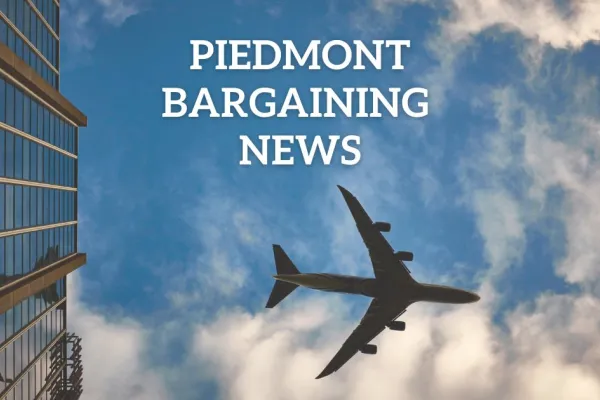 Airplane flying in blue sky with text "Piedmont Bargaining News"