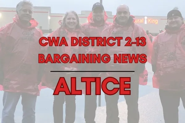 Altice Bargaining News text with 5 members in red ponchos