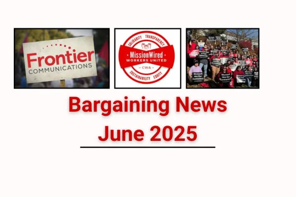 Frontier sign with MissionWired Union logo and group of ZeniMax workers