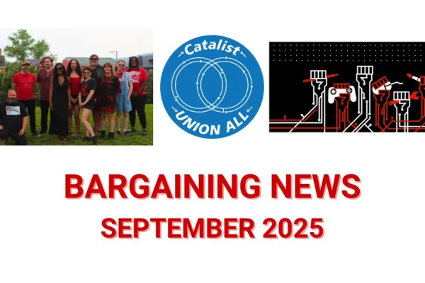 PA United members with Catalist logo and CODE-CWA logo with text Bargaining News September 2025