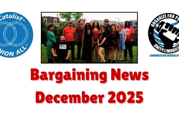 Logo for Catalist union and Unity at AT&T Mobility with PA United members and text Bargaining News December 2025
