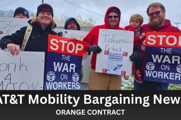 six workers outside with picket signs and text AT&T Mobility Bargaining News
