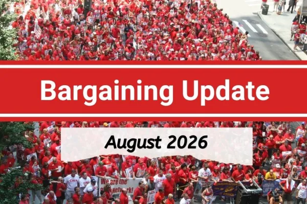 Bargaining Update August 2026 text over marching members in red