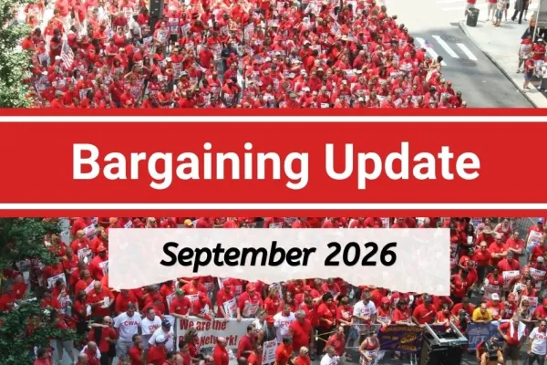 Bargaining Update September 2026 text over marching members in red