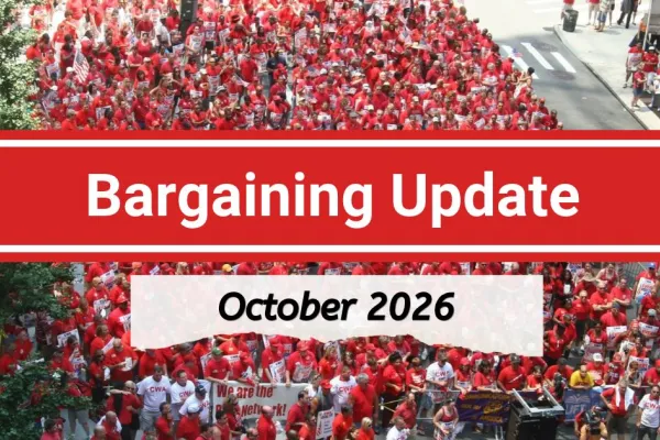 Bargaining Update October 2026 text over marching members in red