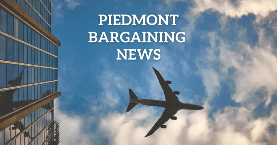 Airplane flying in blue sky with text "Piedmont Bargaining News"