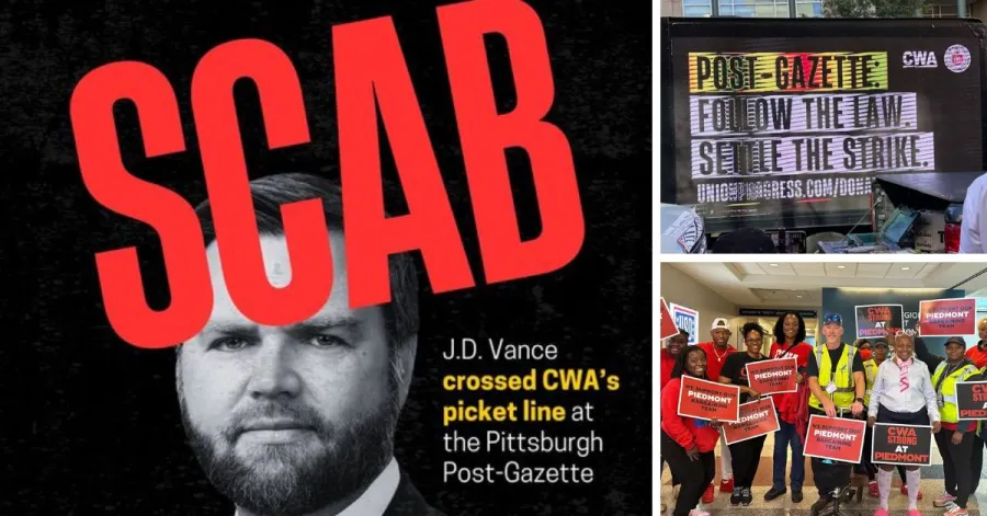 JD Vance scab with Post-Gazette billboard and Piedmont mobilization