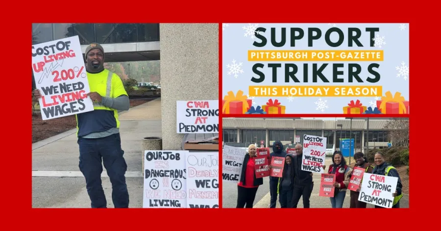 Collage of Piedmont picket and support strikers at Pittsburgh Post-Gazette