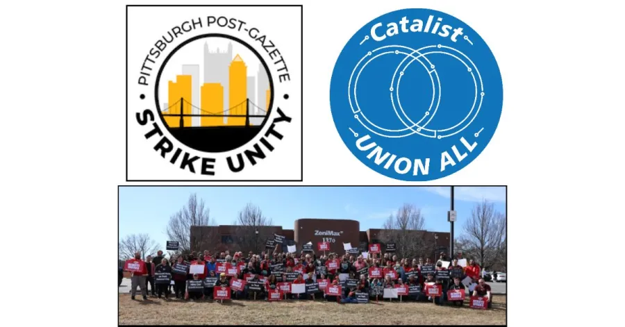 Pittsburgh Post Gazette strike logo with Catalist bargaining logo and Zenimax members in red