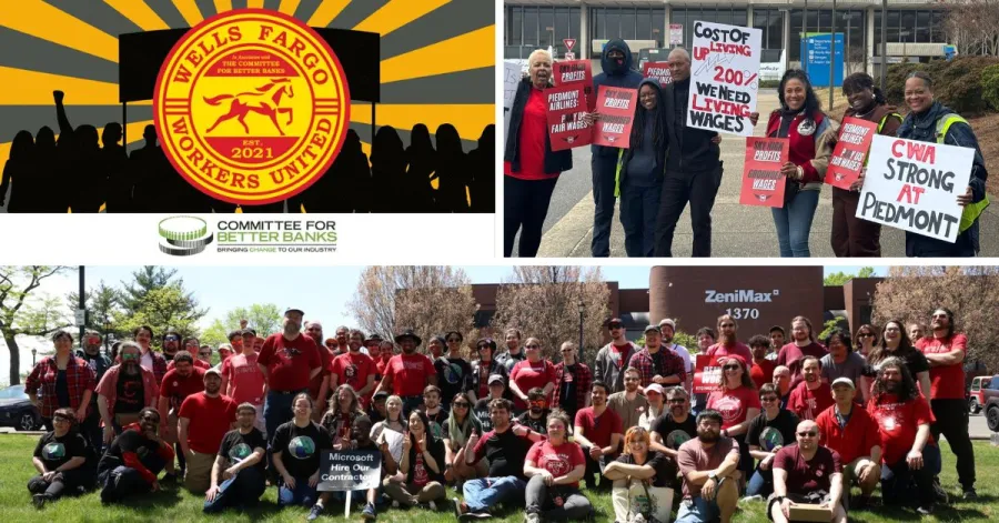 Wells Fargo logo, a group of Piedmont members, and a group of Zenimax workers