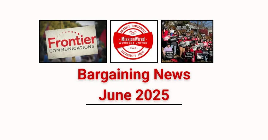 Frontier sign with MissionWired Union logo and group of ZeniMax workers