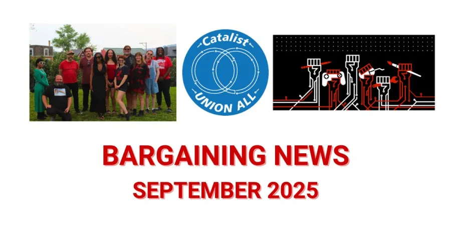 PA United members with Catalist logo and CODE-CWA logo with text Bargaining News September 2025