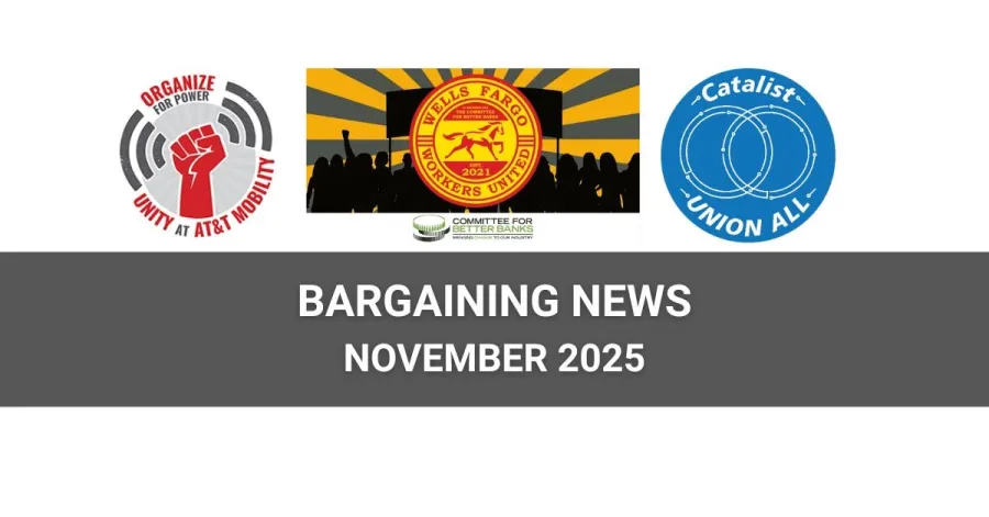 logos for unity at mobility, Wells Fargo Workers, and Catalist union with Bargaining News November 2025 text