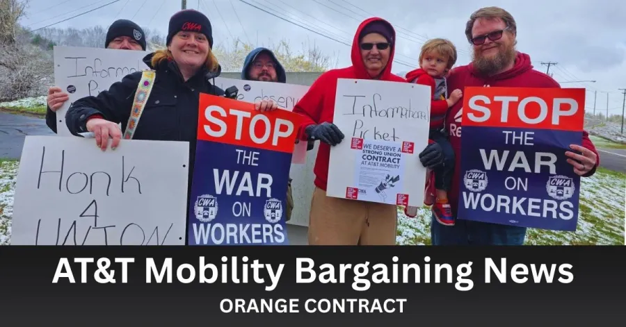 six workers outside with picket signs and text AT&T Mobility Bargaining News