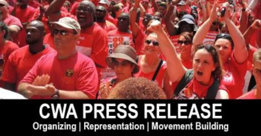 CWA press release members in red at rally
