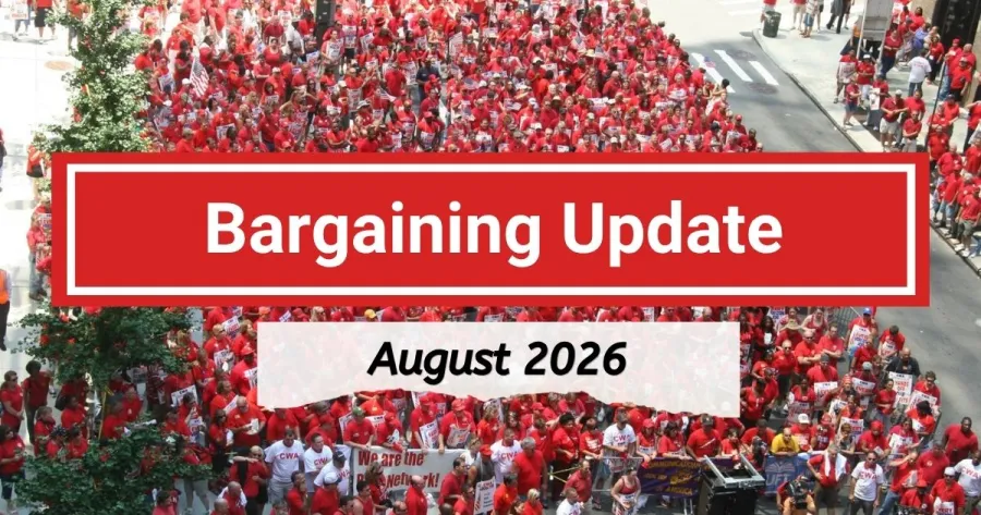 Bargaining Update August 2026 text over marching members in red