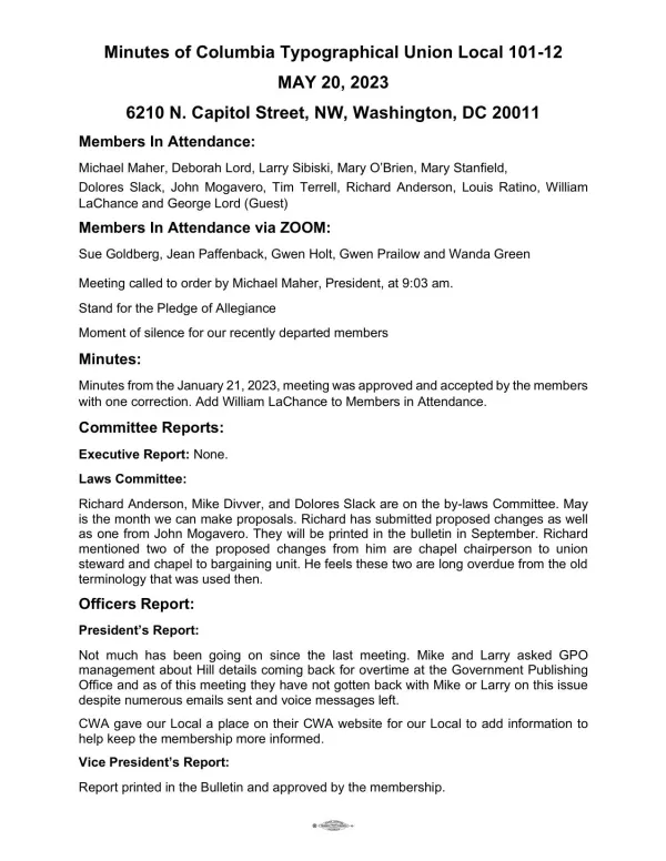 May 2023 CTU Union meeting mintues page 1
