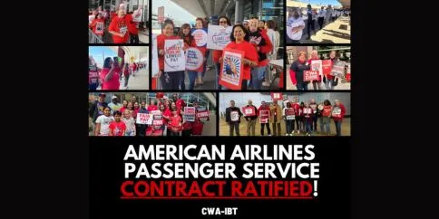 Collage of American Airline workers rallying in red