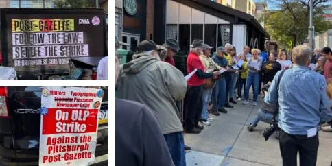 signs and members mobilize in Pittsburgh outside Post-Gazette offices