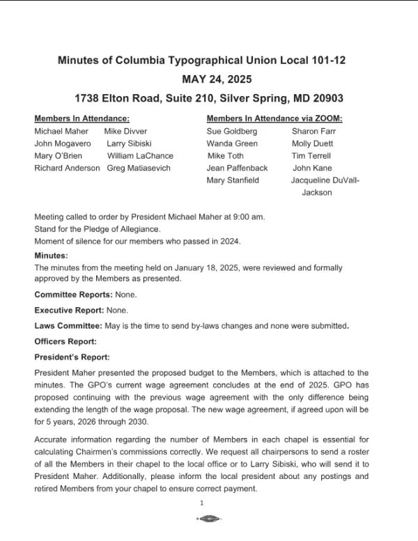 May 2025 Union Meeting minutes pg1