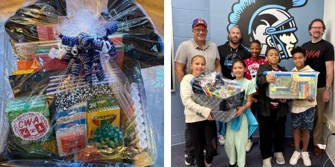 school supplies and group of Local 14815 officers with middle school students