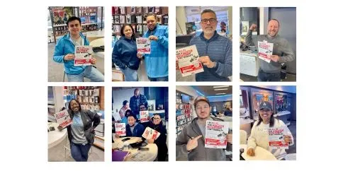 CWA Local 2201 AT&T Mobility members with "All In" signs