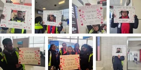 Piedmont members at Philadelphia Airport with signs for fair contract