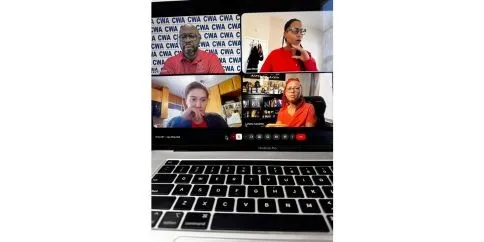 CWA ZSSU Bargaining team on laptop Zoom meeting