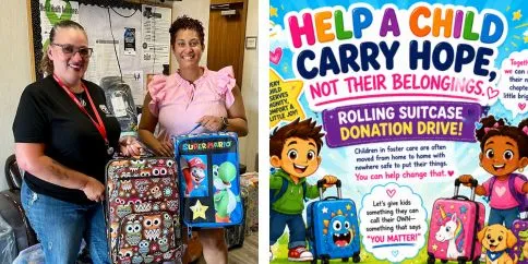 2 people with luggage donations and flyer